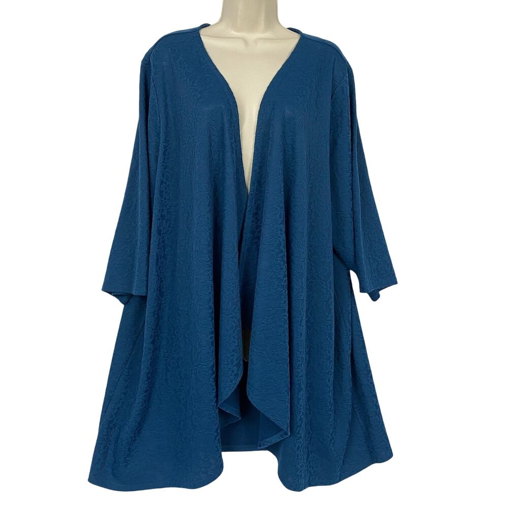 Catherines Cardigan Top Womens 3X 26-28W Blue Floral Lace Swing Open Lagenlook